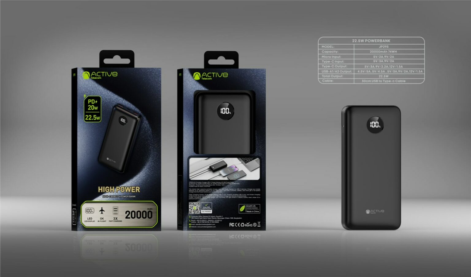 JP293 - 20000mAh 22.5 W Power Bank Model: JP293 – 20000mAh 22.5 W Power Bank Capacity: 20000mAh Type-C Input: 5V/3A, 9V/2A Type-C Output: 5V/3A, 9V/2.2A, 12V/1.67A USB-A1, A2 Output: 5V/4.5A, 5V/3A, 9V/2A, 12V/1.5A Cable: 30cm USB to Type-C cable