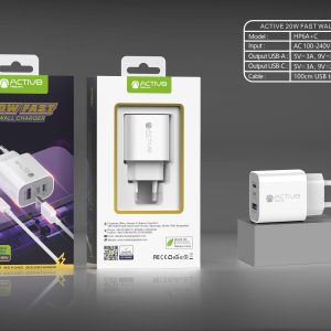 ACTIVE 20W FAST WALL CHAREGR Model: HP6A+C Input: AC 100-240V-50/60Hz,0.6A Max Output USB-A: 5V 3A, 9V-2A, 12V-1.5A Output USB-C: 5V 3A, 9V-2.22A, 12V-1.67A Cable: 100cm USB to Type-c cable