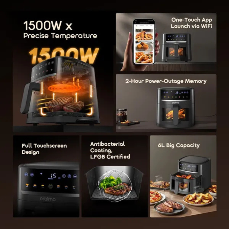 oraimo NutriFry S1 Ultra 1500W 6L App Control Full Touchscreen Air fryer(OAF-521A) - Image 7